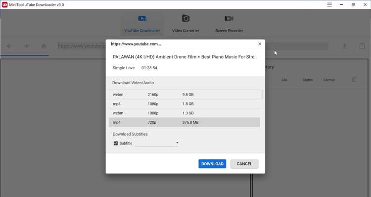 MiniTool uTube Downloader elegir formato y calidad