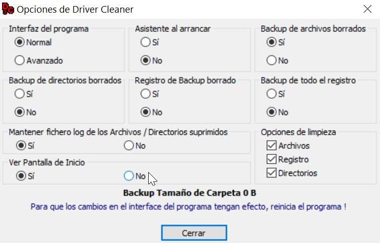 Opciones de Driver Cleaner