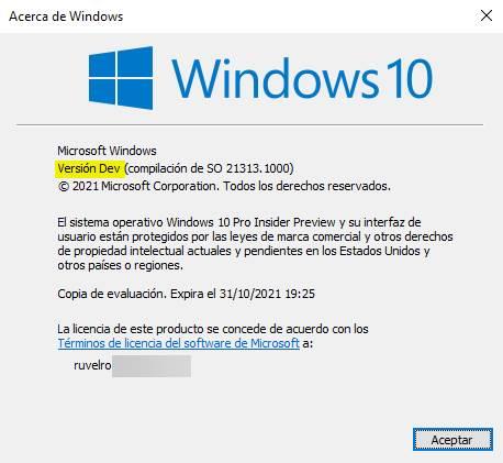 Windows 10 versión DEV