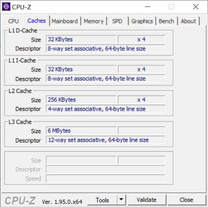 CPU-Z pestaña de caches