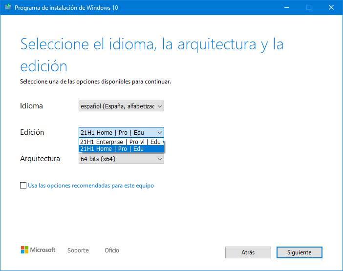 Elegir edición ISO Windows 10 21H1