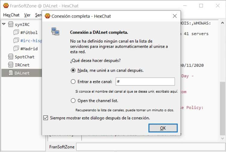 HexChat conexión al servidor completada