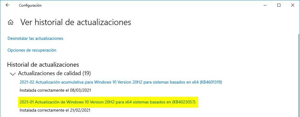 KB4023057 parche instalado en Windows 10
