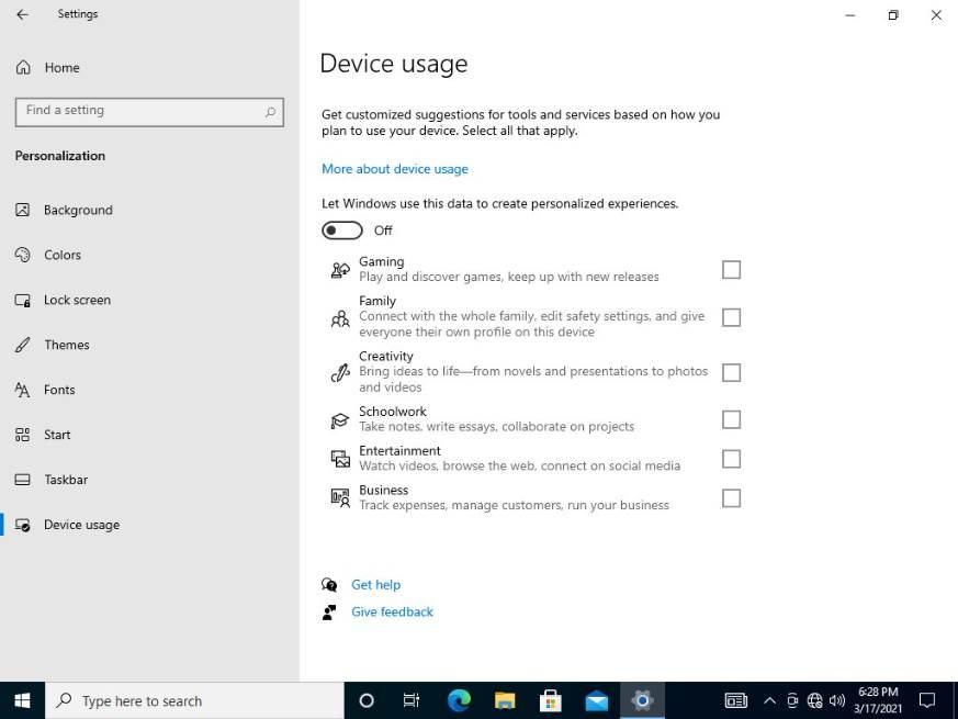 Windows 10 build 21337 Device Usage