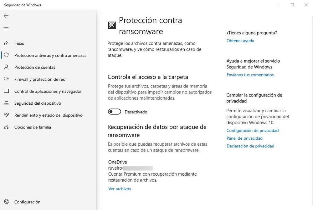 Windows Defender - Protección contra ransomware