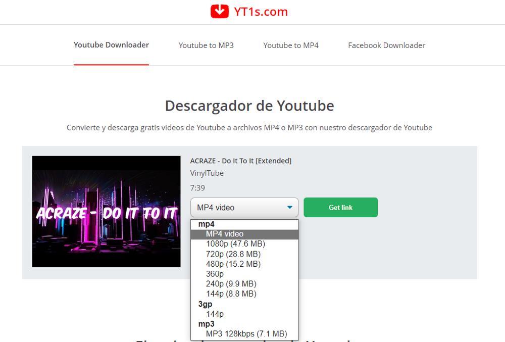 YT1S - Descargar vídeos YouTube