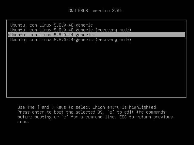 GRUB lista de núcleos Linux+
