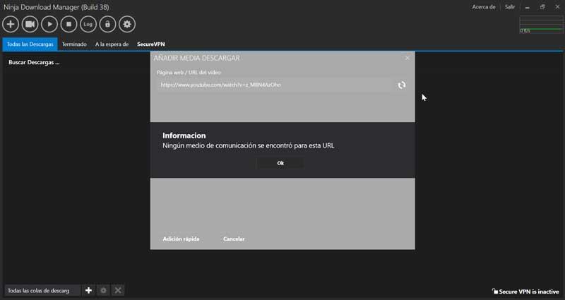 Ninja Download Manager fallo descargar vídeo desde YouTube