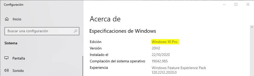 Acerca de Windows 10 Pro