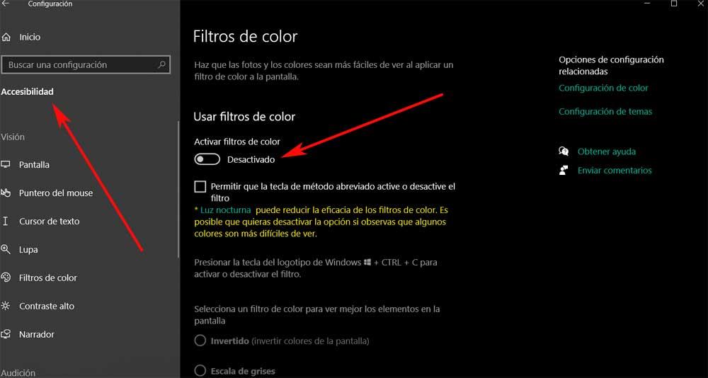 Activar filtros de color Pantalla Windows