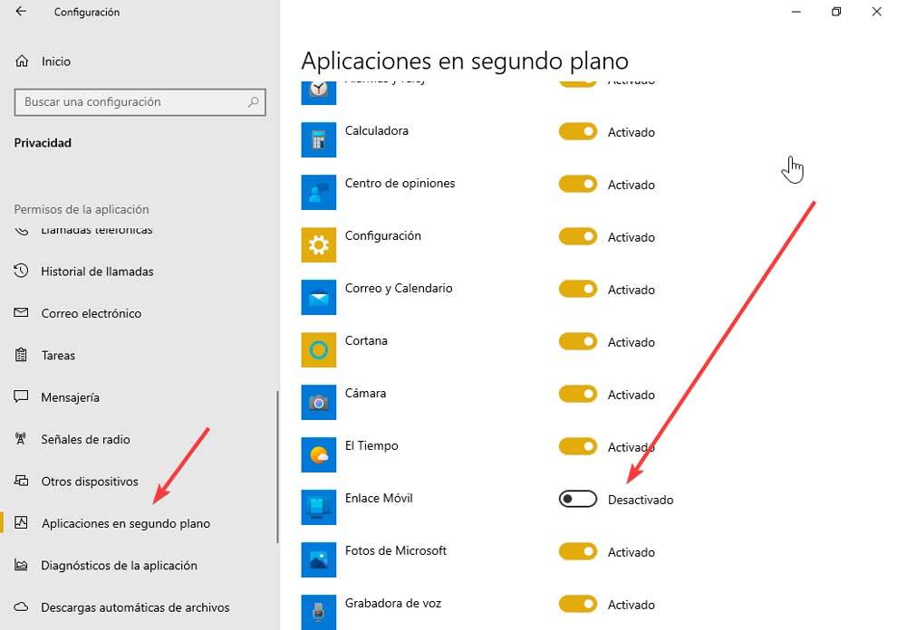 Enlace móvil desactivar en segundo plano en Windows 10