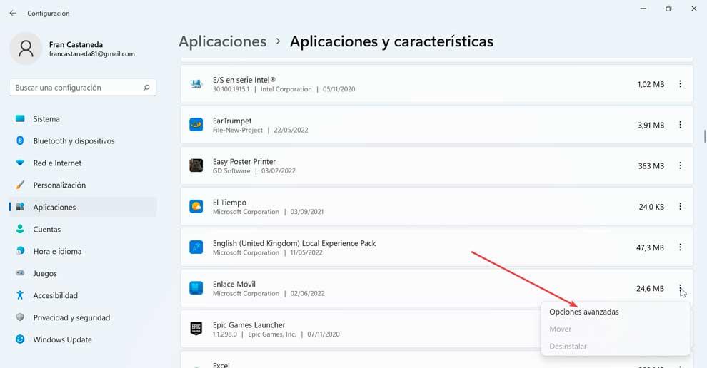 Enlace móvil opciones avanzadas en Windows 11