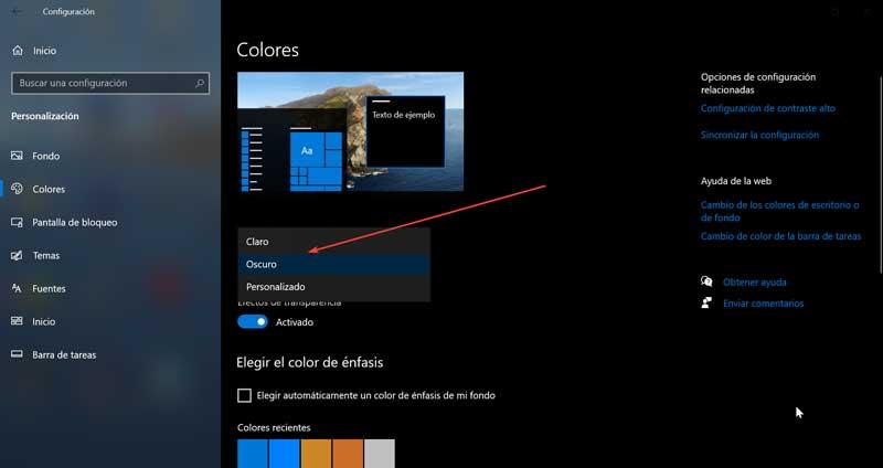 Establecer color Oscuro en Windows 10