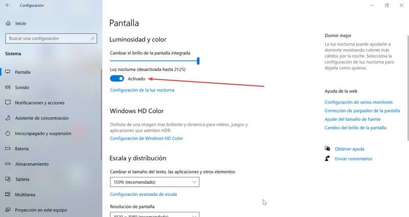 Luz nocturna de Windows 10 activada