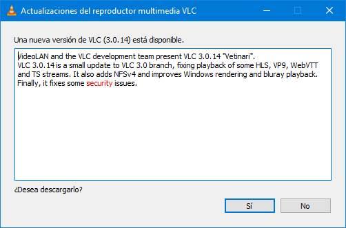Mensaje actualización VLC