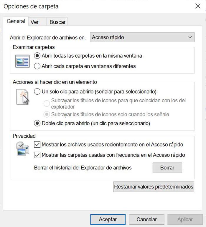 Opciones de carpeta del explorador de Windows General