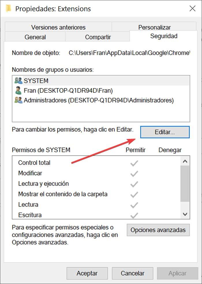Propiedades de Extension de Chrome editar
