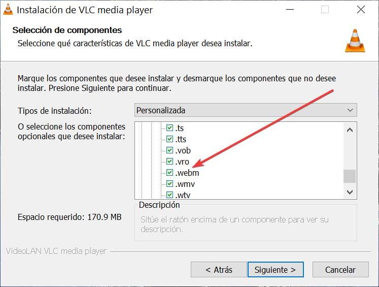 VLC Selección de componentes