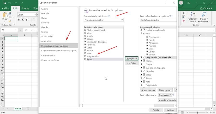 Excel Personalizar cinta de opciones añadir Programador