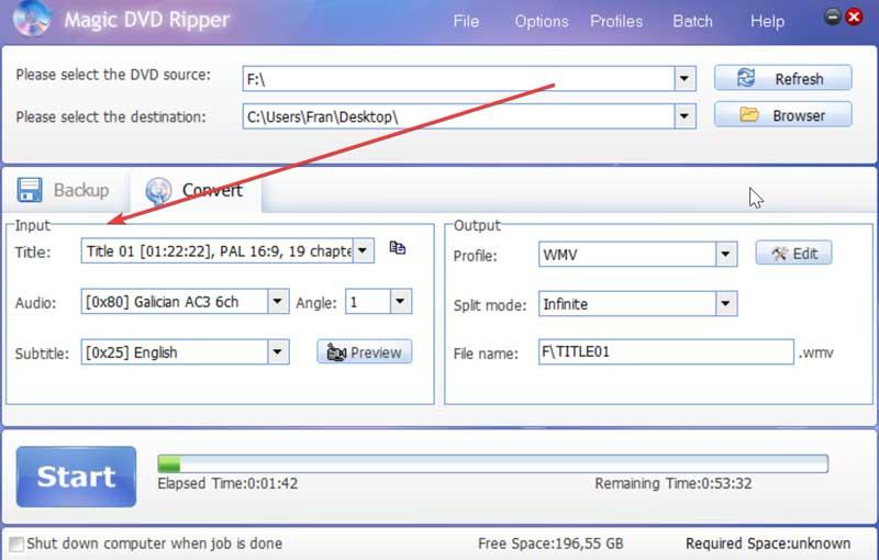 Magic DVD Ripper configurar opciones de entrada