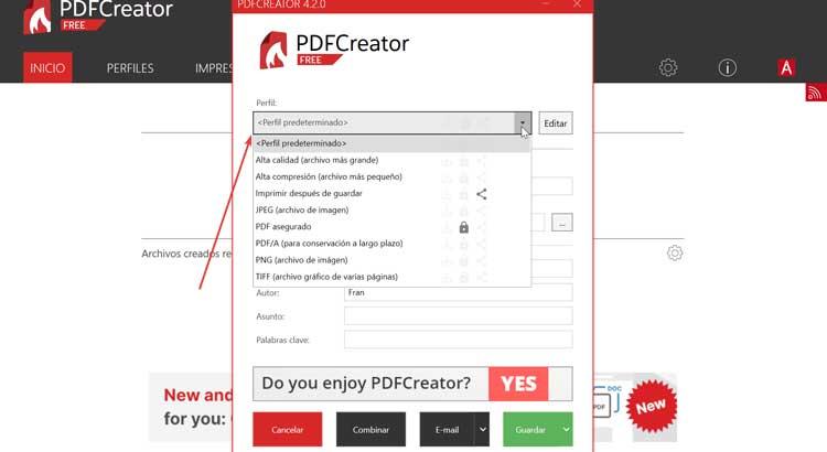 PDFCreator elegir perfil