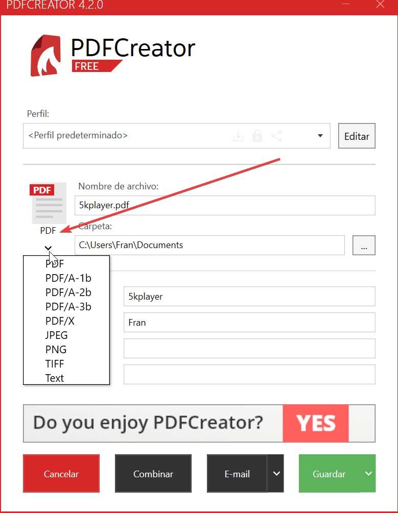 PDFCreator seleccionar tipo de archive