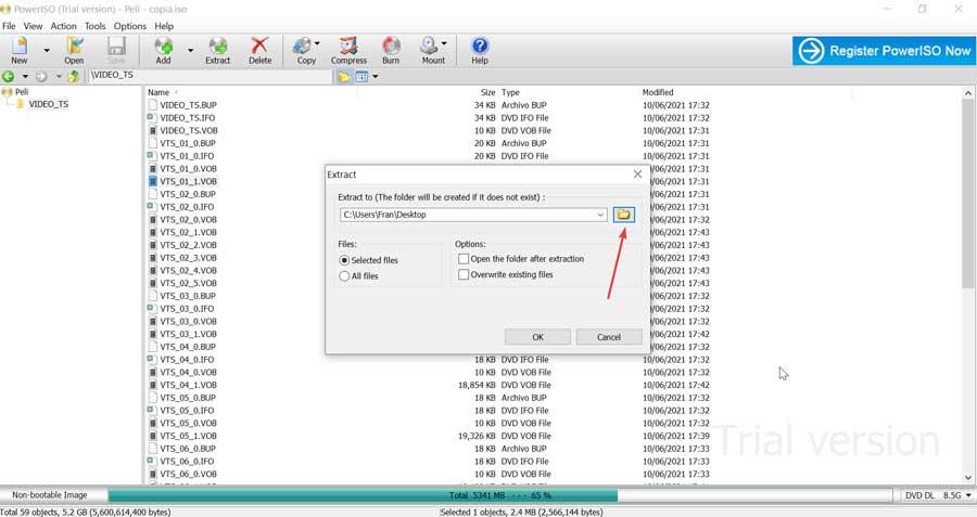 PowerISO seleccionar ruta para guardar archivos a una imagen ISO