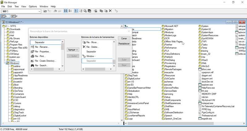 Windows File Manager Personalizar barra de herramientas