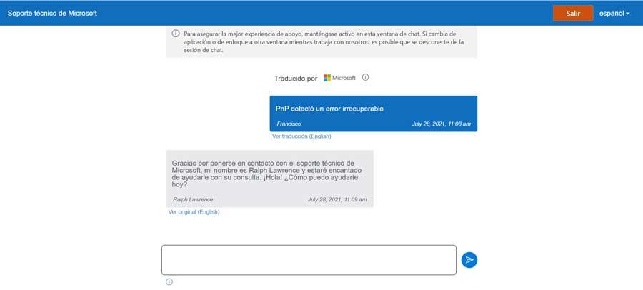 Chat soporte técnico de Microsoft