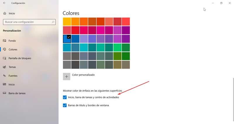 Mostrar color de énfasis en Inicio, barra de tareas y centro de actividades