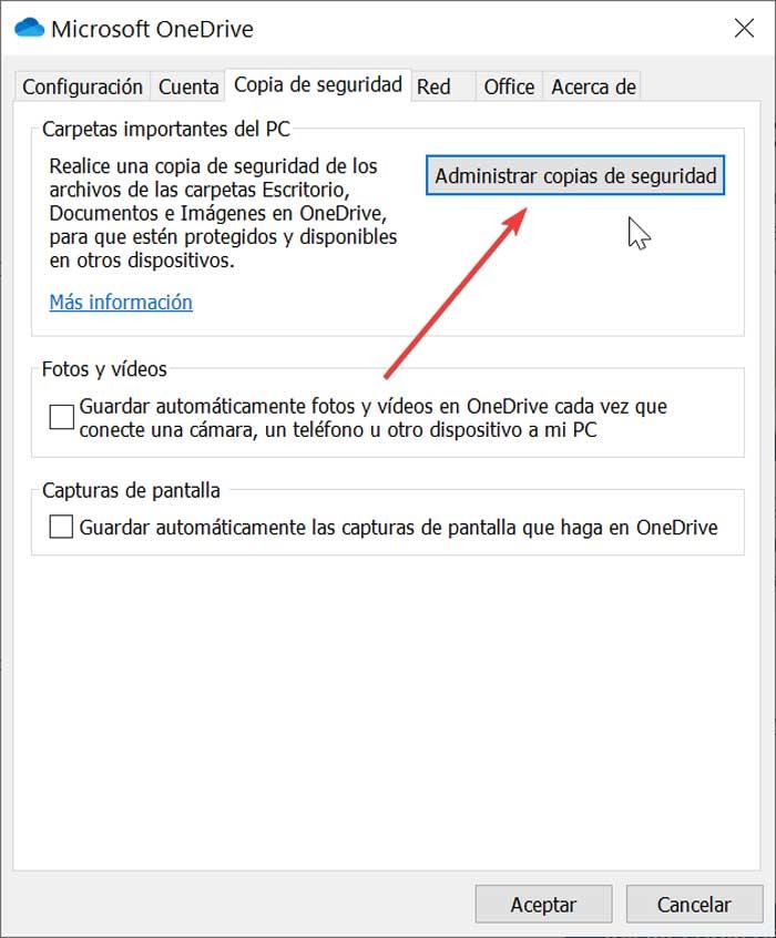 OneDrive pestana Administrar copias de seguridad