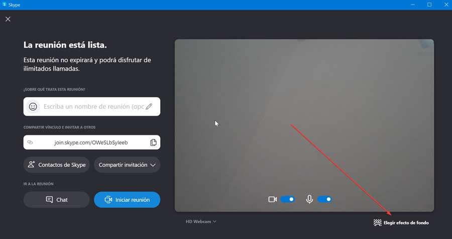 Skype pulsar en elegir efecto de fondo
