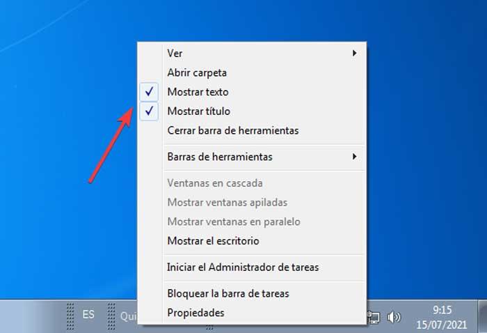 Windows 7 Inicio rápido Mostrar texto y Mostrar título