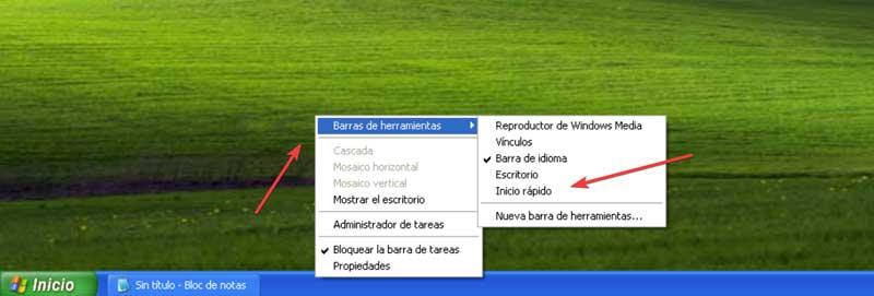 Windows XP Barra de herramientas e Inicio rápido