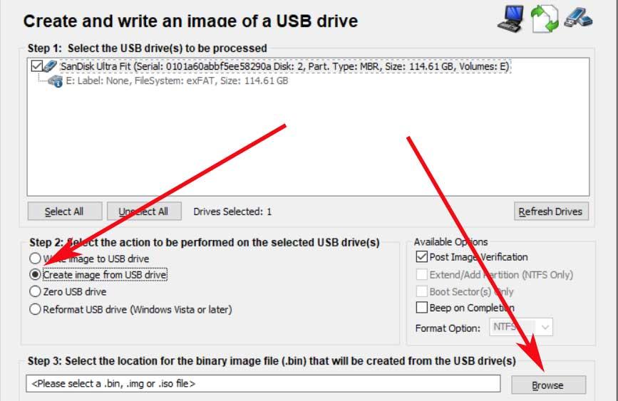crear imagen memoria USB