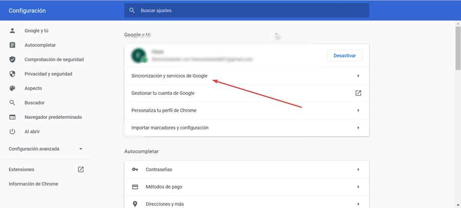Chrome Sincronización et services de Google