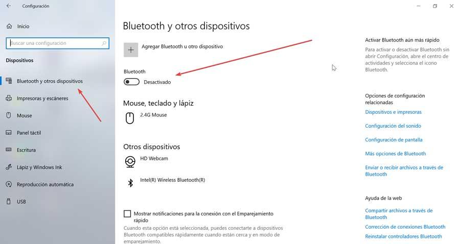 Configuração Bluetooth desativada