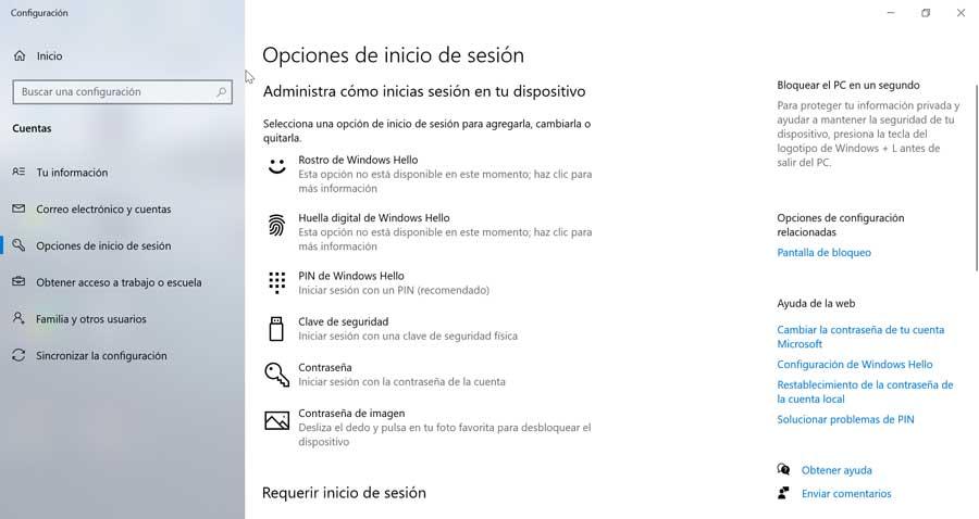 Opciones de inicio de sesión en Windows 10