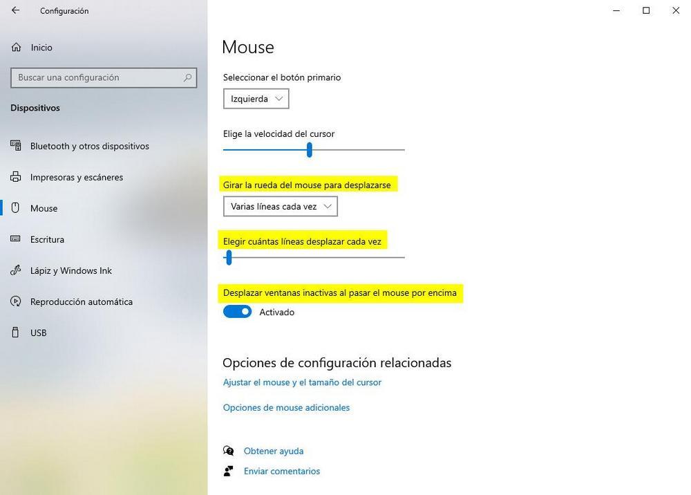 Opciones ratón desplazamiento Windows 10