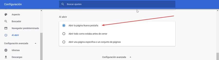 Configurare Chrome Abrir the page Nueva pestaña