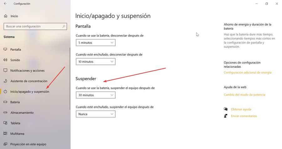 Configuración de Windows y opciones de Suspender