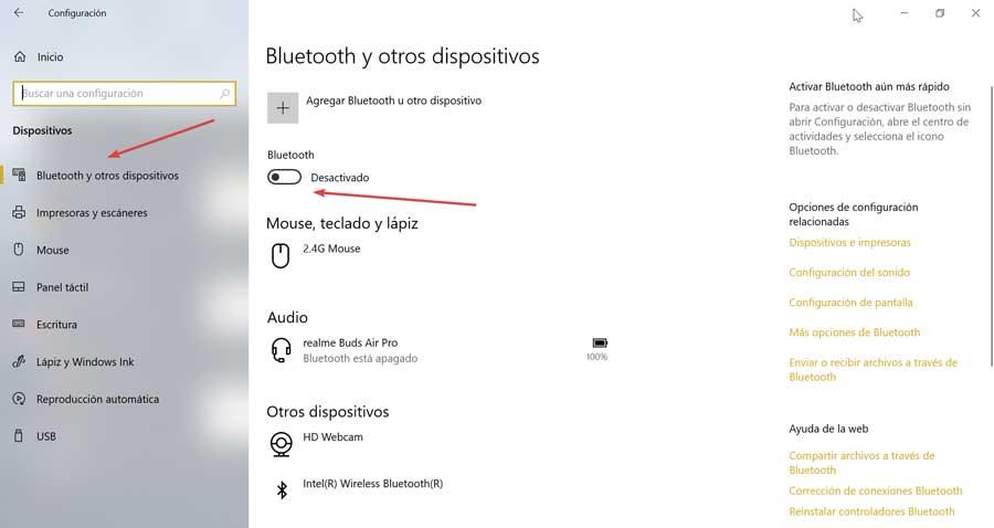 Desactivar Bluetooth en Windows