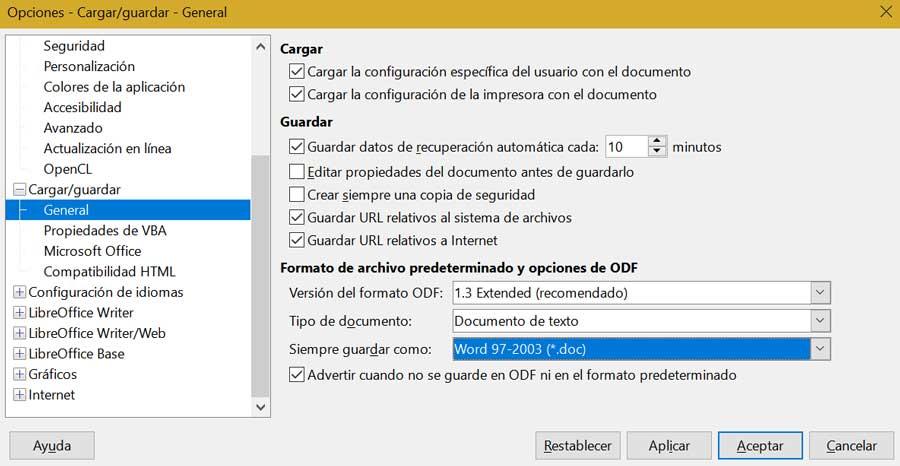 LibreOffice Writer cambiar formaat naar Word