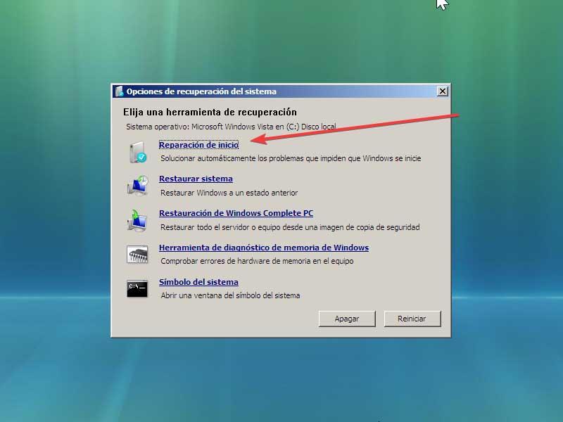 Reparación de inicio Windows Vista