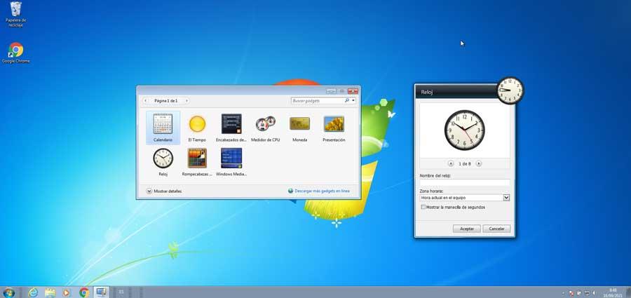 Windows 7 gadget de reloj y sus opciones