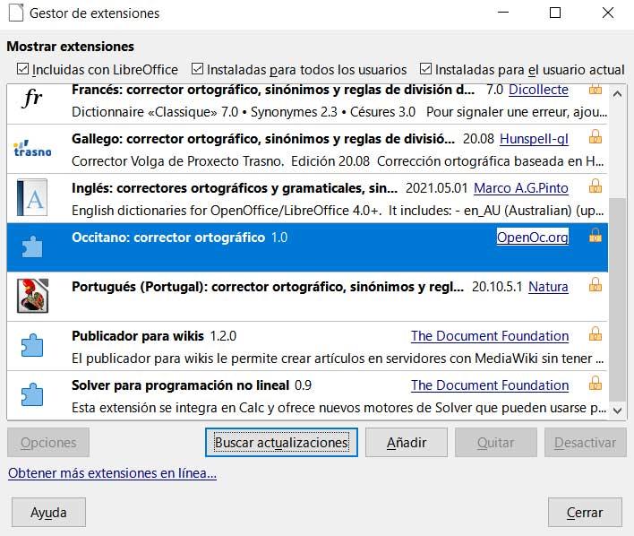 ventana extensiones libreOffice