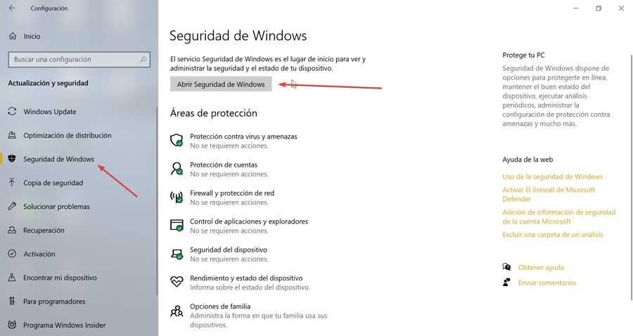 Abrir seguridad de Windows 10
