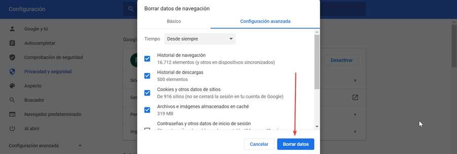 Chrome borrar datos de navegación