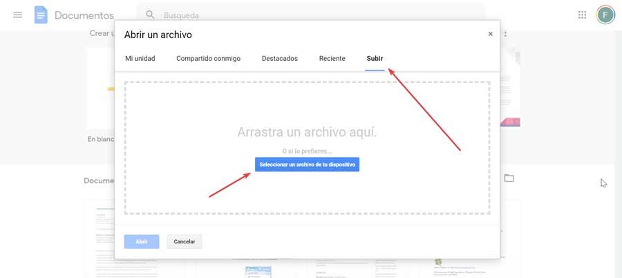 Google Docs subir archivo