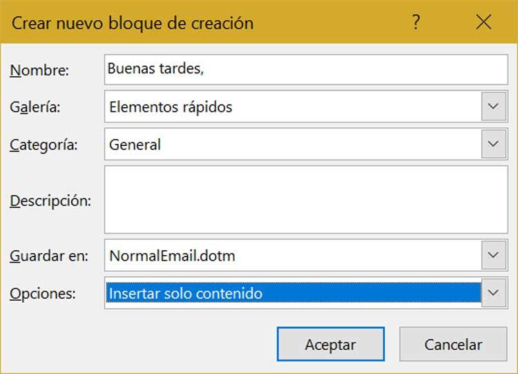 Outlook Crear nuevo bloque de creación